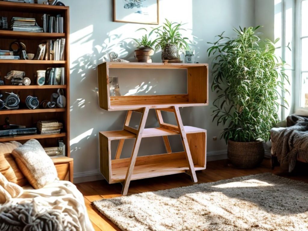 Une étagère basse en bois clair, à piètement compas, garnie de plantes, dans un séjour clair.