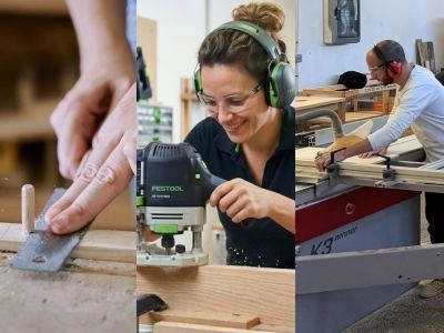 Trois images côte à côte : une main présente une pièce de bois, une stagiaire règle une défonceuse, un menuisier guide une planche sur une machine.